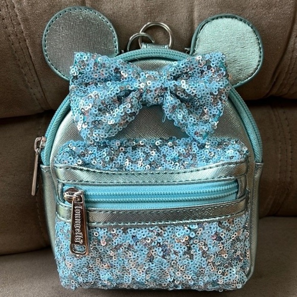 Loungefly Disney Parks Arrendale aqua sequin Minnie Mouse wristlet